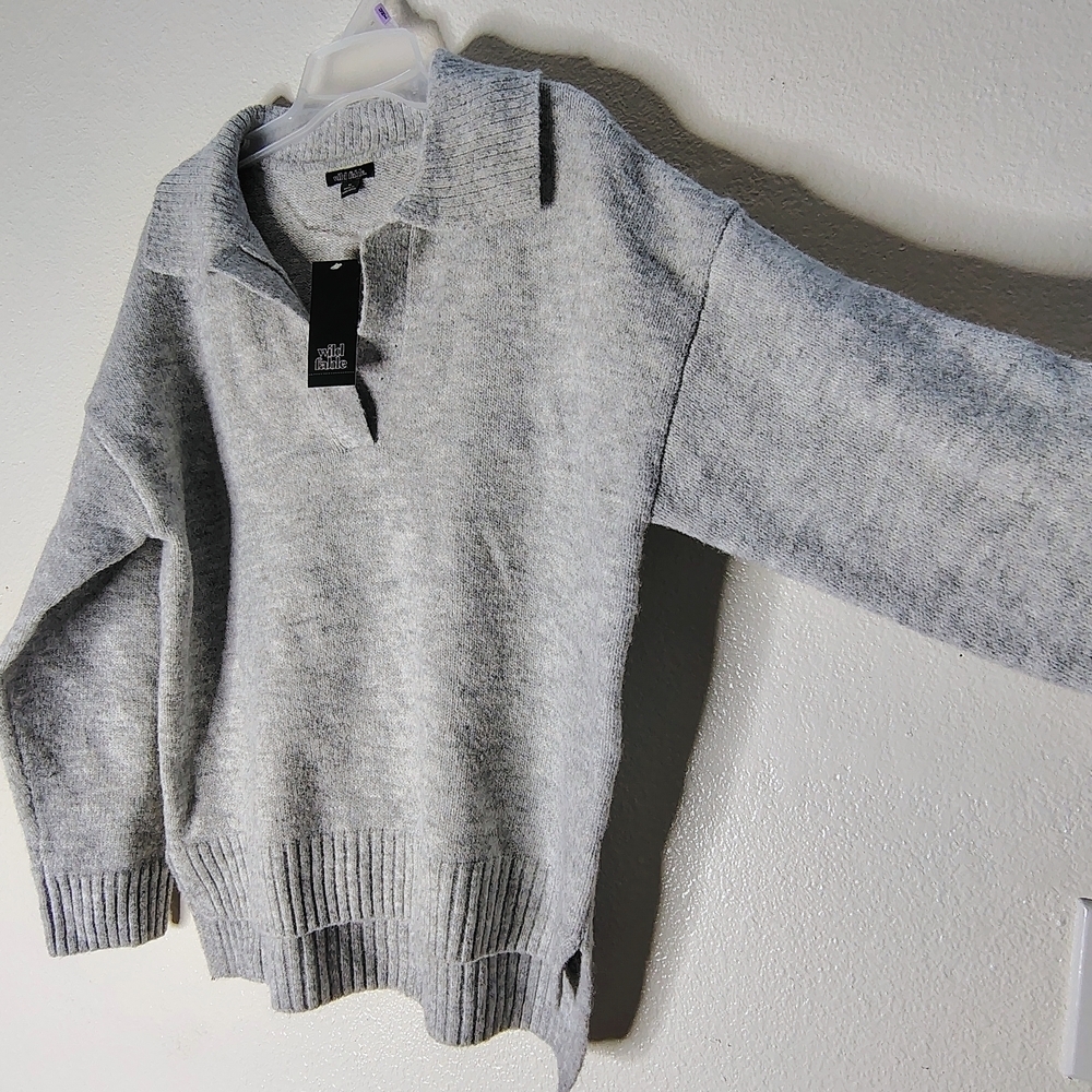 Wild Fable Women's Light Gray Collared V-Neck Long Sleeves Sweater Sz M New - Picture 9 of 15